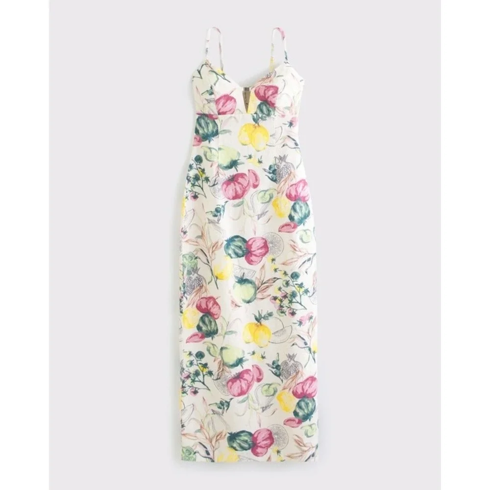Abercrombie & Fitch Premium Linen Cutout Midi Dress Vegetable‎ Print Cream Med P